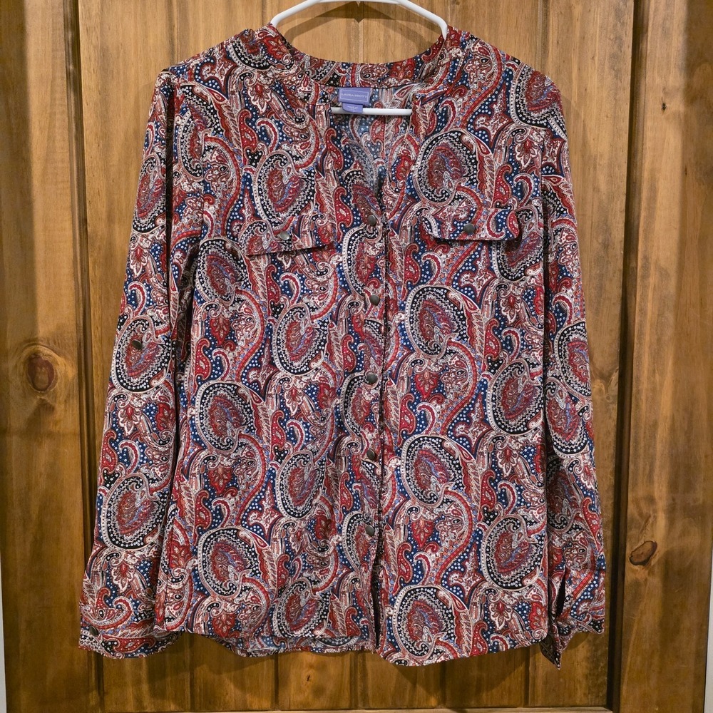 Laura Scott Button-Up Shirt Womens Small Multicolor Paisley Split V-Neck Pockets